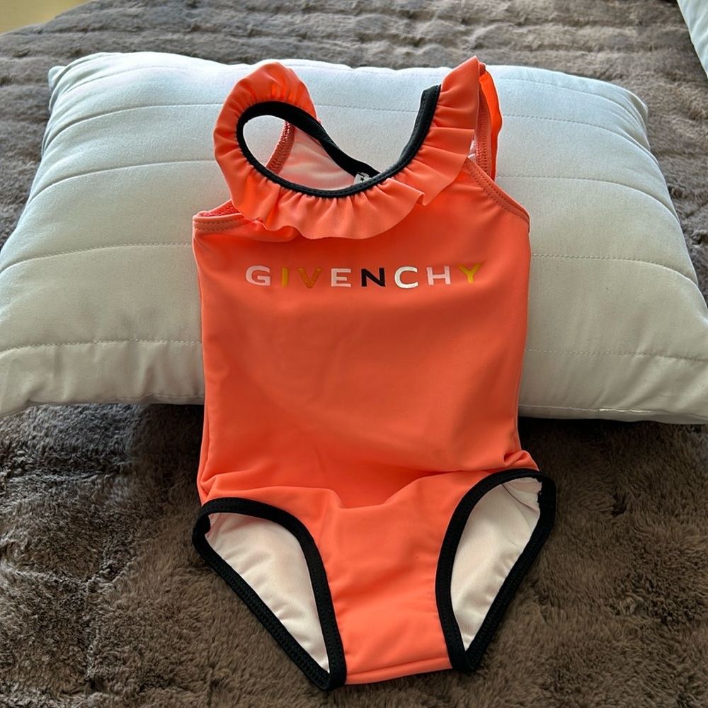 *NWT* GIVENCHY BABY RUFFLED COLLAR LOGO SWIMSUIT IN BEAUTIFUL CORAL, 6 MONTHS